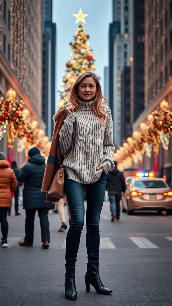 Fashionable winter outfit in NYC with Christmas lights and Rockefeller Center tree.